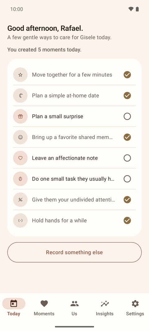 The Today screen: a short checklist of gentle ideas for caring for your partner today, each one tappable to check off.