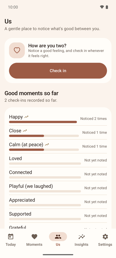 The Us screen: a positive-only check-in where you pick the good feelings present right now.